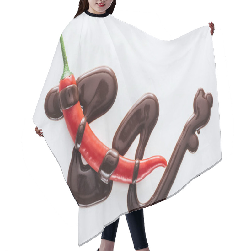 Personality  Top View Chili With Spilled Melted Dark Chocolate On White Background Hair Cutting Cape