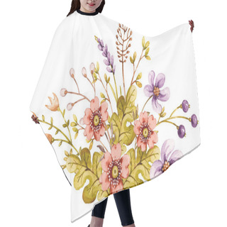 Personality  Watercolor Floral Composition Bouquet With Flower Berries Grass, Oak Leaves, Lavender, Acorns. Delicate Handpainted Flora Background. Hair Cutting Cape
