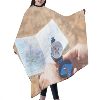 Personality  Hiker Holding His Compass And Map In The Countryside Hair Cutting Cape