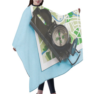 Personality  Retro And Black Compass On Map On Blue  Hair Cutting Cape