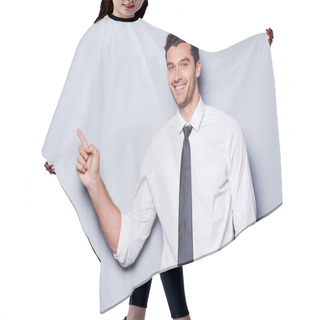 Personality  Businessman Pointing Copy Space. Hair Cutting Cape