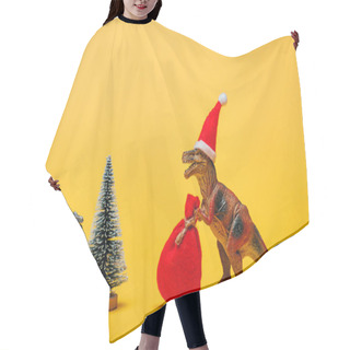 Personality  Toy Dinosaurs With Santa Hat And Sack Beside Pine On Yellow Background Hair Cutting Cape