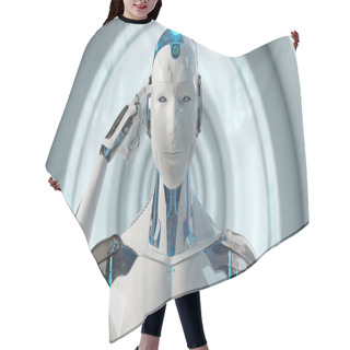 Personality  White Male Cyborg Thinking And Touching His Head 3D Rendering Hair Cutting Cape