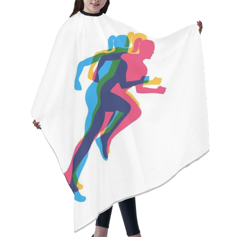 Personality  Running girls colorful poster.Running marathon. Vector creative illustration with run people hair cutting cape