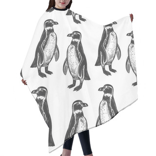 Personality  Seamless Pattern. Waterfowl Birds African Spectacled Penguins. Vector Illustration. Black Ink On White Background. Wild Life. Natural Motive Of Nature. Paper, Wallpaper, Textiles, Ornamental Covering. Hair Cutting Cape