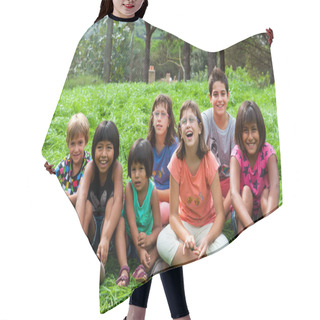 Personality  Diversity Portrait Of Kids Outdoors. Hair Cutting Cape