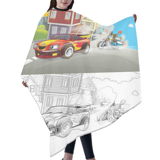 Personality  Cartoon Sketch Scene Of Police Pursuit - Police Motorbike Chasing Racing Car - Illustration For Children Hair Cutting Cape