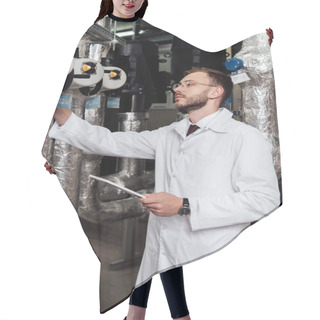 Personality  Handsome Bearded Engineer In White Coat Holding Digital Tablet Near Air Supply System  Hair Cutting Cape