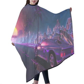 Personality  80s Retro Futuristic Drive. Stylized Sci-fi Race In Outrun Style With Night Sky Hair Cutting Cape