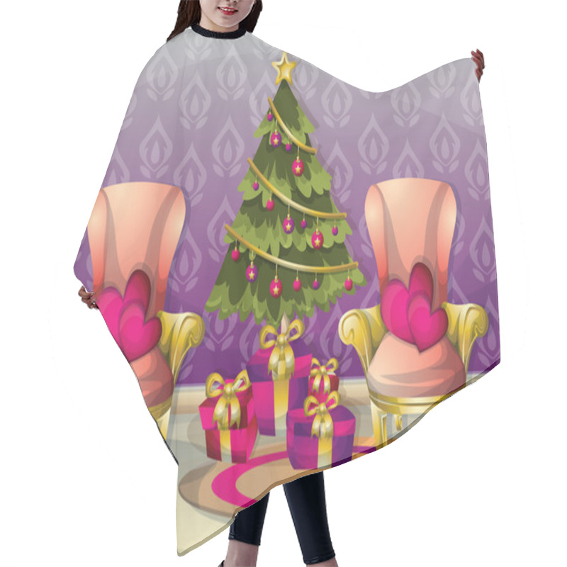 Personality  cartoon vector illustration interior Christmas room with separated layers hair cutting cape