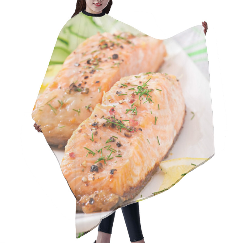 Personality  Fish Dish - Grilled Salmon With Vegetables Hair Cutting Cape