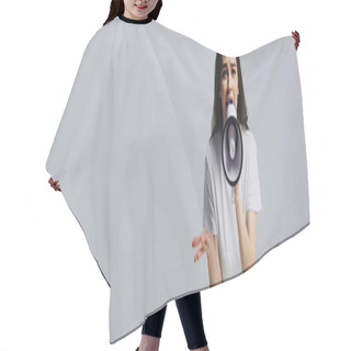Personality  Young Pretty Woman Screaming In Loudspeaker Isolated On Grey, Panoramic Shot Hair Cutting Cape