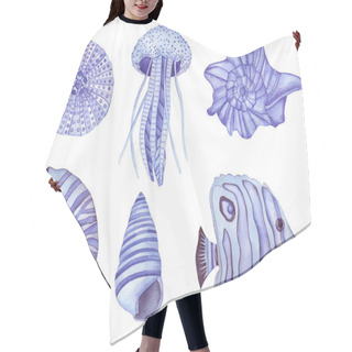 Personality  Watercolor Underwater Creatures. Violet Fish, Sea Shells And Jelly Fish Isolated On A White Background. Hair Cutting Cape
