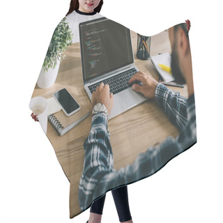 Personality  Cropped Shot Of Man In Plaid Shirt Using Laptop With Program Code On Screen Hair Cutting Cape