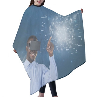Personality  Happy Man In VR Headset Touching Interface With Flares Against Blue Background Hair Cutting Cape