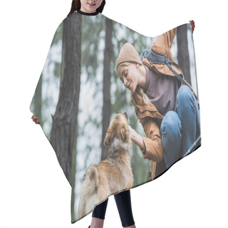 Personality  Cheerful Woman In Hat Cuddling Dog In Woods Hair Cutting Cape