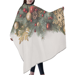 Personality  Top View Of Fir Twigs With Christmas Toys And Golden Snowflakes Isolated On White Hair Cutting Cape