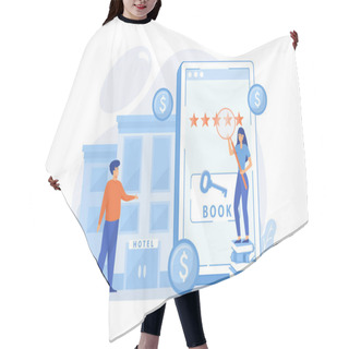 Personality  Booking Accommodation Mobile Application. Website For Ordering Guestrooms, Finding Hostels Location. Hotel Room Reservation Concept. Flat Vector Modern Illustration Hair Cutting Cape