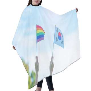 Personality  Hands Showing LGBTQ Rainbow And Korea Flag On Nature Background. Support Lesbian, Gay, Bisexual, Transgender And Queer Community And Pride Month Concept Hair Cutting Cape