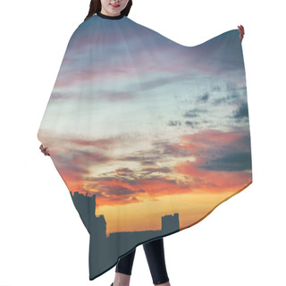 Personality  Cityscape With Wonderful Varicolored Vivid Dawn. Amazing Dramatic Multicolored Cloudy Sky Above Dark Silhouettes Of City Buildings. Atmospheric Background Of Sunrise In Overcast Weather. Copy Space. Hair Cutting Cape