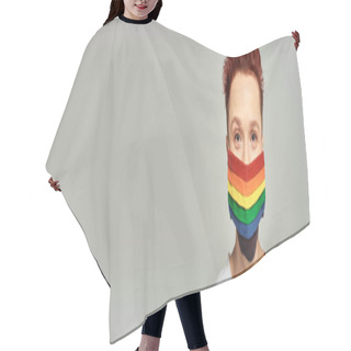 Personality  Portrait Of Redhead Queer Person In Rainbow Colors Medical Mask Looking At Camera On Grey, Banner Hair Cutting Cape