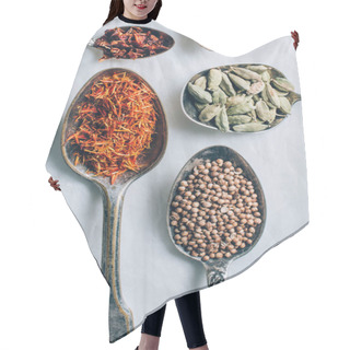 Personality  Top View Of Different Spices In Spoons On White Table Hair Cutting Cape
