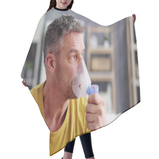 Personality  Asthma Patient Breathing Using Oxygen Mask And COPD Nebulizer Hair Cutting Cape