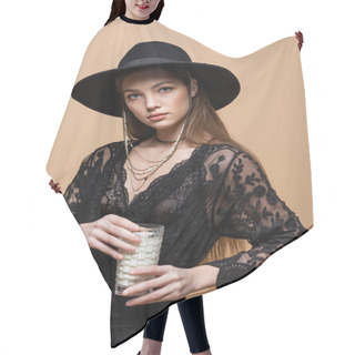 Personality  Stylish Woman In Fedora Hat Holding Glass Of Milk Isolated On Beige  Hair Cutting Cape