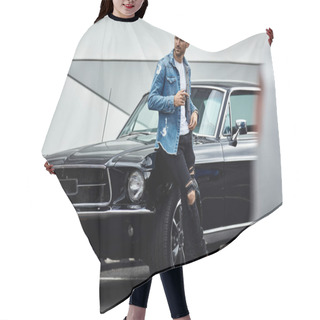 Personality  Handsome Man In Denim Jacket Posing With Black Classic Car Hair Cutting Cape