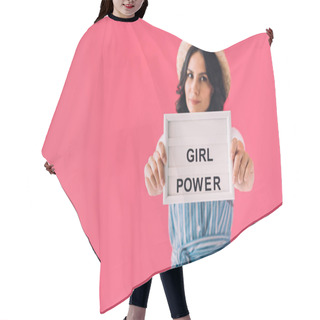 Personality  Woman With Girl Power Board In Hands Hair Cutting Cape