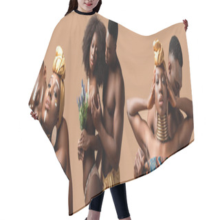 Personality  Collage Of Sexy Naked Tribal Afro Couple Posing Isolated On Beige Hair Cutting Cape