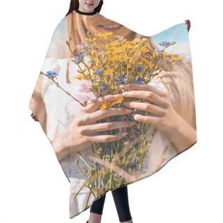 Personality  Partial View Of Young Woman Holding Bouquet Of Wildflowers, Selective Focus Hair Cutting Cape