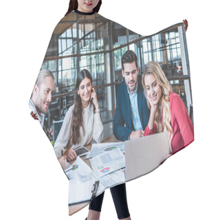Personality  Business Team Discussing New Business Project At Workplace With Papers And Laptop In Office Hair Cutting Cape