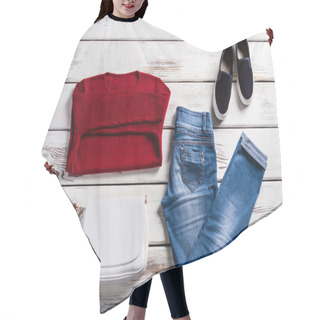 Personality  Ladys Red Sweatshirt And Jeans. Hair Cutting Cape
