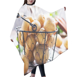 Personality  Raw Potato In Metal Basket And On A Table Hair Cutting Cape
