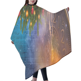 Personality  New Year Banner With Clock. Neon Lights, Holiday Lights. Time Shows 12 O'clock, New Year And Christmas 2021. Winter Holiday Background. Hair Cutting Cape