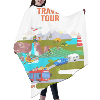Personality  Travel, Tour, Journey To World, Travelling And Vacation On Holiday Poster, Vector Illustration. Hiking And Road Trip. Tourism. Hair Cutting Cape