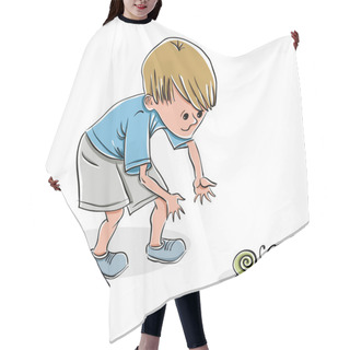 Personality  Little Boy Catching A Snail. Hair Cutting Cape