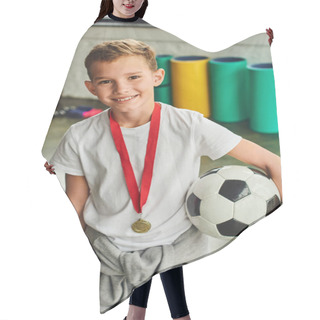 Personality  Vertical Shot Of Little Boy With Golden Medal And Soccer Ball With Fitness Mat On Backdrop, Sport Hair Cutting Cape