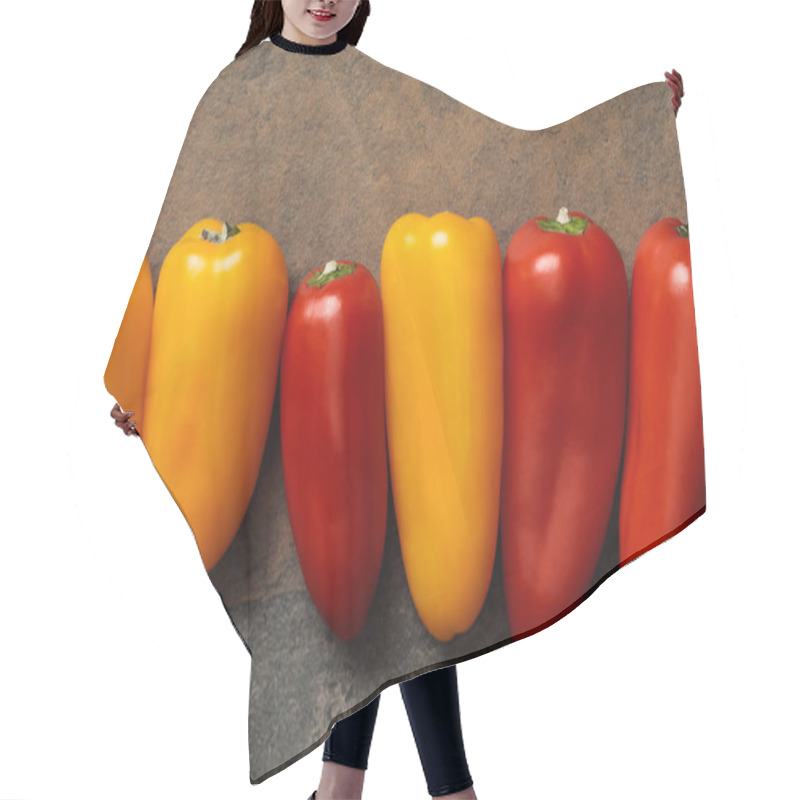 Personality  top view of Mexican spicy colorful peppers on stone table hair cutting cape