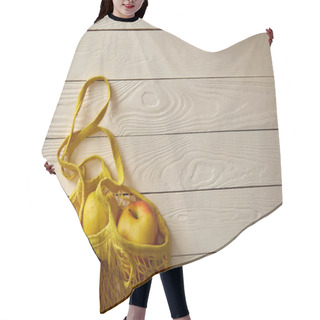 Personality  Top View Of String Bag With Rape Apples On White Wooden Surface, Zero Waste Concept Hair Cutting Cape