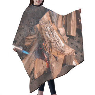 Personality  Fireplace Kindling Of Chopped Wood Logs By Gas Torch. Method Of  Hair Cutting Cape