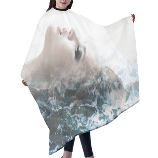 Personality  Double Exposure Of Girl Profile Portrait And Sea Foam Texture Hair Cutting Cape