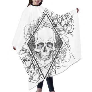 Personality  Human Skull With Peony, Rose And Poppy Flowers Over Sacred Geometry  Background.Tattoo Design Element. Vector Illustration. Hair Cutting Cape