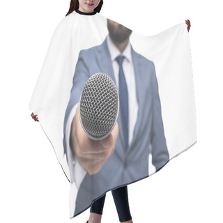 Personality  Journalist Taking Interview With Microphone Hair Cutting Cape