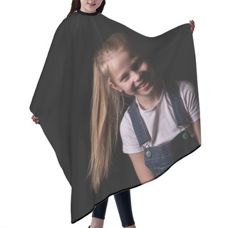 Personality  Beautiful Blonde Little Girl On A Dark Background. She Stands In Different Poses And Shows Different Emotions. Free Space For Your Text Hair Cutting Cape