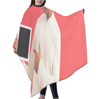 Personality  Panoramic Shot Of Man Pointing With Finger At Digital Tablet With Blank Screen  Hair Cutting Cape