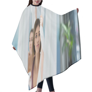 Personality  Young Sportswoman Looking Away While Training With Fly Yoga Hammock, Blurred Foreground, Banner Hair Cutting Cape