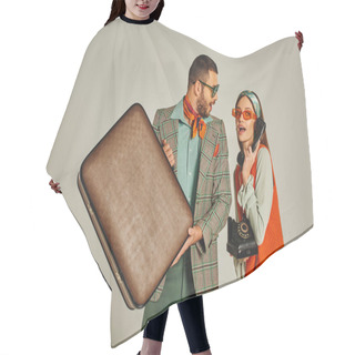 Personality  Excited Man With Vintage Suitcase Near Retro Style Woman Talking On Corded Phone On Grey Hair Cutting Cape
