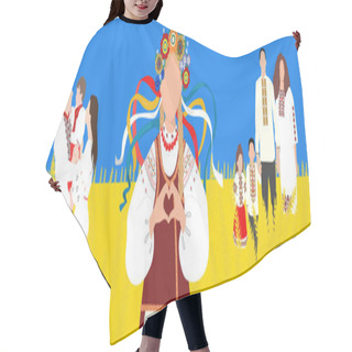 Personality  Ukrainian Girl  And Families Dressed In Vyshyvanka On The Wheat Field. Colors Of The National Flag - Yellow And Blue. Independence Day Of Ukraine Banner. Vector Illustration Hair Cutting Cape